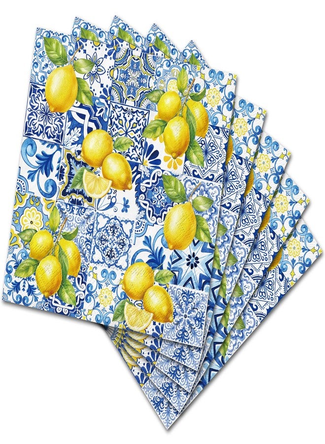 JarThenaAMCS 50Pcs Tile Lemon Paper Napkin Blue Yellow Disposable Napkin Summer Dinner Napkin Luncheon Napkin for Party Supplies Table Decor - Image 1